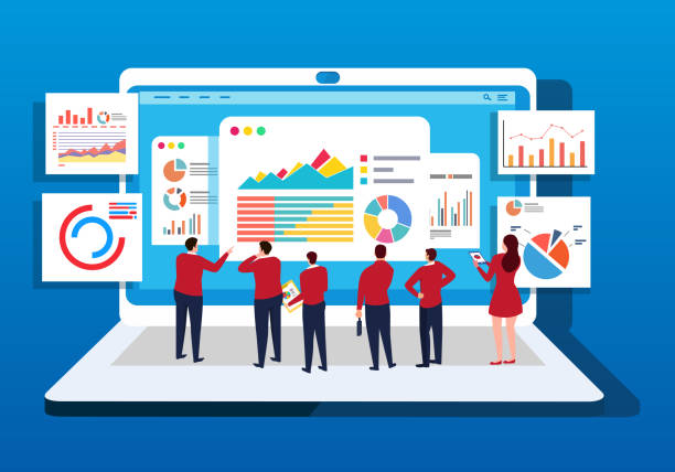 stockillustraties, clipart, cartoons en iconen met een groep zakenlieden studie gegevens achter een computer - markt