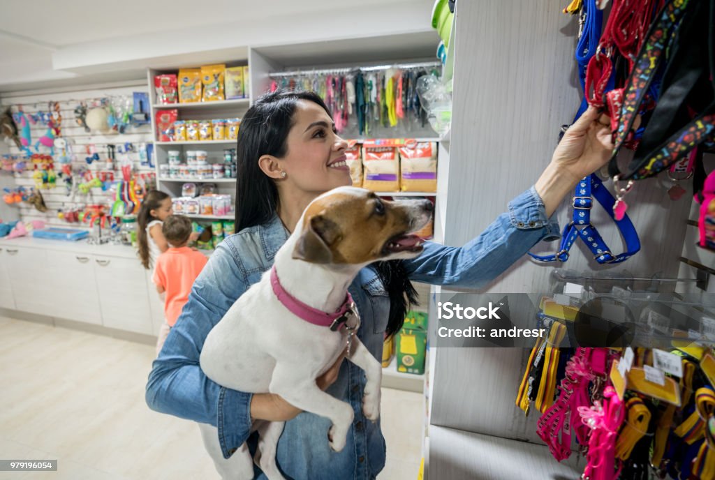 Mulher feliz comprando uma coleira em um pet shop - Foto de stock de Loja de Animais de Estimação royalty-free