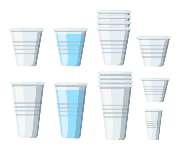 ilustrações de stock, clip art, desenhos animados e ícones de set of plastic cups. transparent disposable cups of different sizes. empty glasses and with water. vector illustration isolated on white background - foods and drinks equipment household equipment kitchen utensil