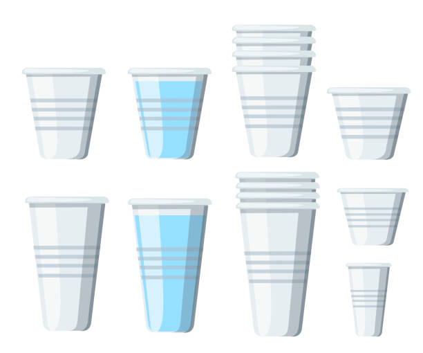 Set of plastic cups. Transparent disposable cups of different sizes. Empty glasses and with water. Vector illustration isolated on white background Set of plastic cups. Transparent disposable cups of different sizes. Empty glasses and with water. Vector illustration isolated on white background. disposable cup stock illustrations