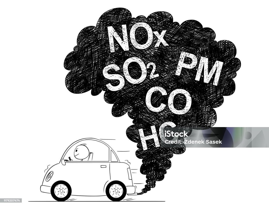 Vector Artistic Drawing Illustration of Car Air Pollution Vector artistic pen and ink drawing illustration of smoke coming from car exhaust into air. Environmental concept of pollution. Greenhouse Gas stock vector