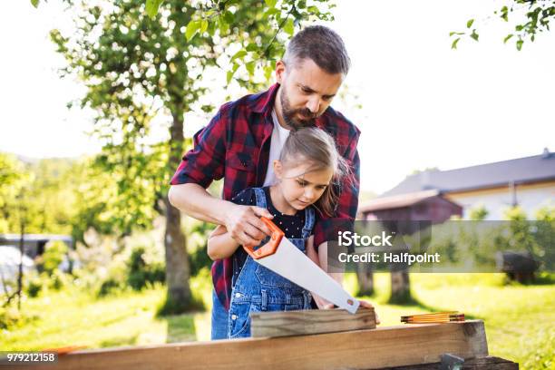 Father And A Small Daughter With A Saw Outside Making Wooden Birdhouse Stock Photo - Download Image Now