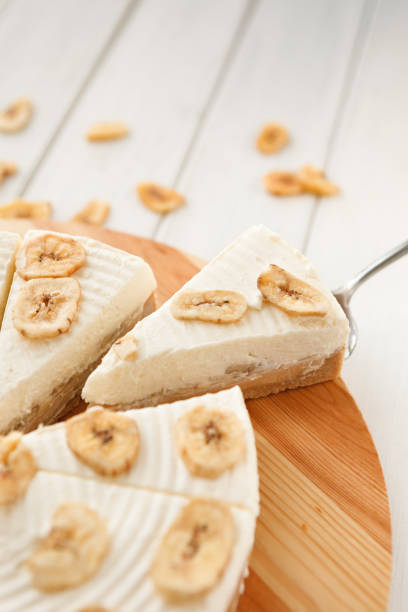 Delicious banana cake on table