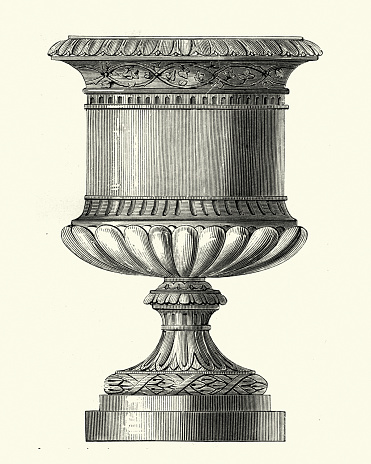 Vintage engraving of Victorian decor, Cast iron classical vase, 1850s. by Colebrookdale company