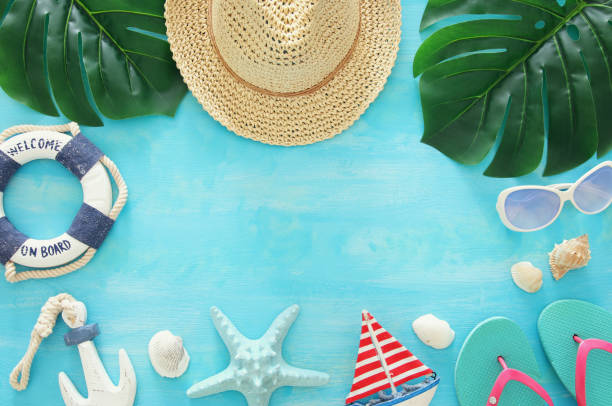 istock Tropical vacation and summer travel image with sea life style objects. Top view. 979237488