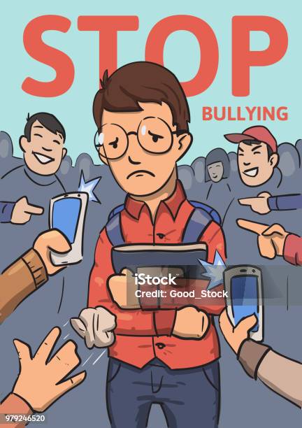 Stop School Bullying Poster Phones And Fingers Pointing At Schoolboy Surrounded By Laughing Bullies Colored Flat Vector Illustration Vertical Stock Illustration - Download Image Now