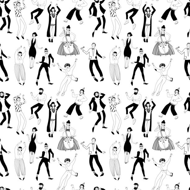 illustrazioni stock, clip art, cartoni animati e icone di tendenza di modello con danza giovani uomini e donne ad una festa, sfondo bianco - popular music concert crowd backgrounds music