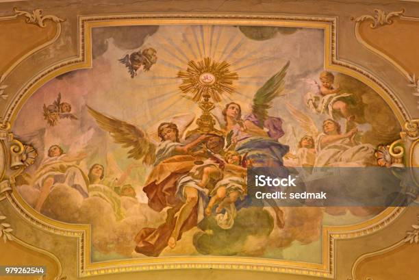 Turin The Fresco Of Eucharistic Adoration Of Angels In Ceiling Of Church Chiesa Di Santo Tomaso By N Arduino Stock Photo - Download Image Now