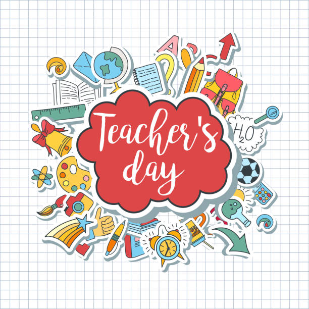 Happy Teacher's day Happy Teacher's day - unique handdrawn typography poster with school sticker style essentials on lined paper. Vector art. Great design element for congratulation cards, banners and flyers. happy teacher day stock illustrations