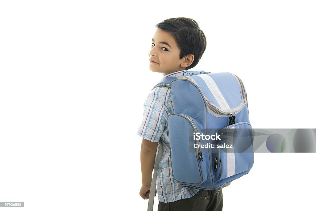 Schoolboy Young schoolboy with school-bag isolated on white Backpack Stock Photo
