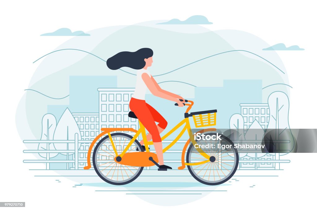 Vector banner template with girl on a bike. Vector banner template with girl on a bike. City, trees and hills on a blue background. Cycling stock vector