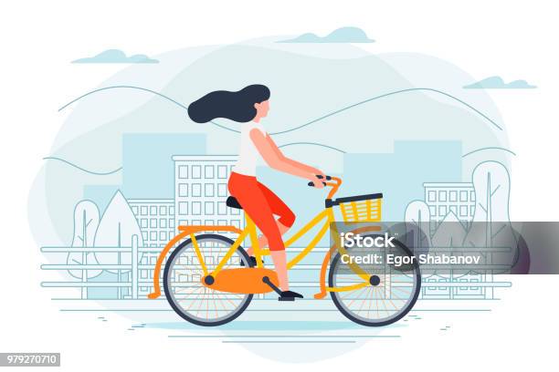 Vector Banner Template With Girl On A Bike Stock Illustration - Download Image Now - Cycling, Bicycle, Women