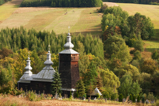 Orthodox church in Leszczyny historic wooden church in Leszczyny beskid mountains stock pictures, royalty-free photos & images