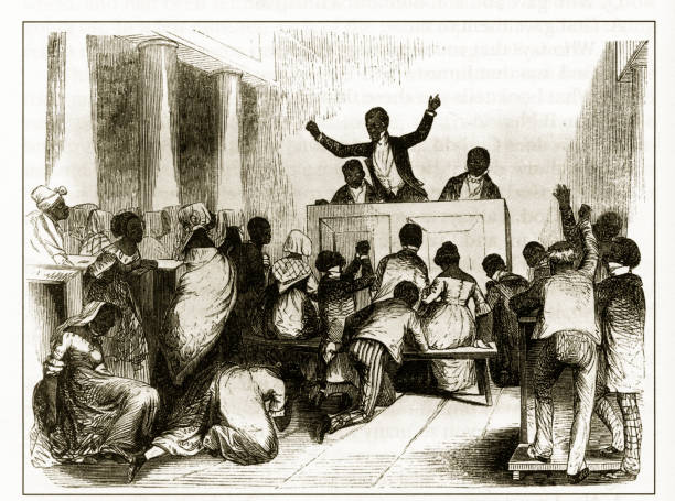 Antique Early American Engraving Depicting Social Issues, Circa 1850's Beautifully Illustrated Antique Engraved Victorian Illustration of Antique Early American Engraving Depicting Social Issues, Circa 1850's. Source: Original edition from my own archives. Copyright has expired on this artwork. Digitally restored. church black and white people praying stock illustrations