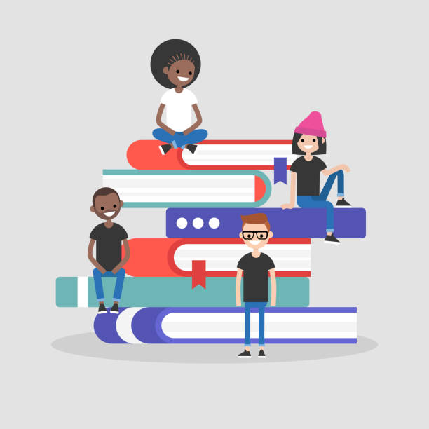 A group of millennials seating on the pile of books. Library concept. Knowledge. Flat editable vector illustration, clip art A group of millennials seating on the pile of books. Library concept. Knowledge. Flat editable vector illustration, clip art kids reading clipart stock illustrations