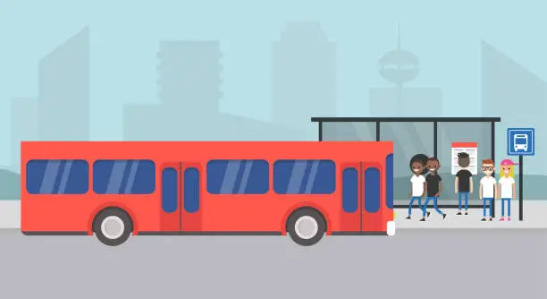 Vector illustration of Bus station. Passengers waiting for a bus. Cityscape. Urban scene. Public transportation. Flat editable vector illustration, clip art