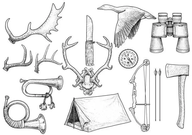 Vector illustration of Hunting, hiking,  equipment illustration, drawing, engraving, ink, line art, vector