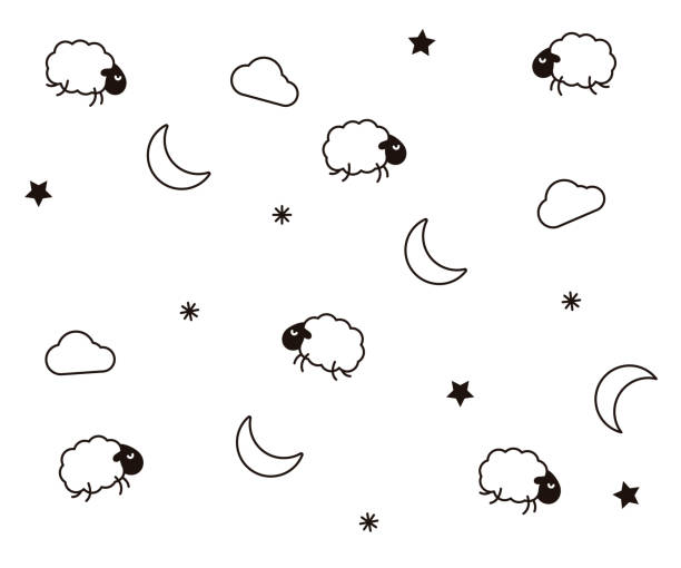 ilustraciones, imágenes clip art, dibujos animados e iconos de stock de linda noche fondo para los niños antes de dormir dormir. ilustración de fondo de vector con nubes, lunas, estrellas, ovejas o corderos - sheeps through time