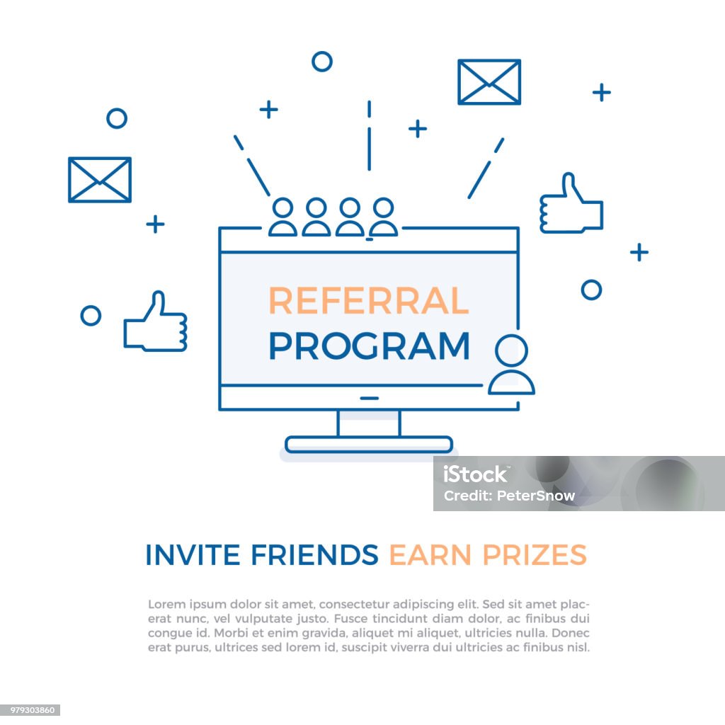 Referral program, affiliate marketing, online business concept. Invite friends, earn prizes. Vector illustration with computer screen, portraits, thumbs up and geometric shapes for refer a friend concepts. vector eps10 Computer Software stock vector