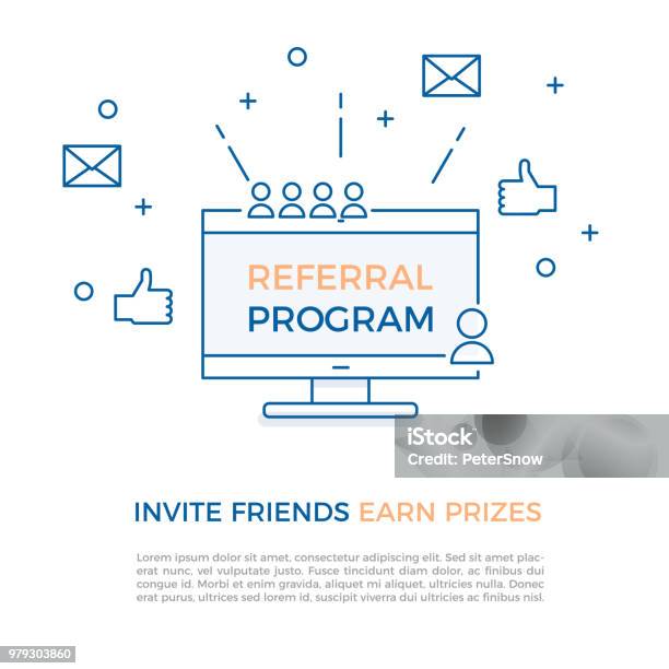 Referral Program Affiliate Marketing Online Business Concept Invite Friends Earn Prizes Vector Illustration With Computer Screen Portraits Thumbs Up And Geometric Shapes For Refer A Friend Concepts Stock Illustration - Download Image Now