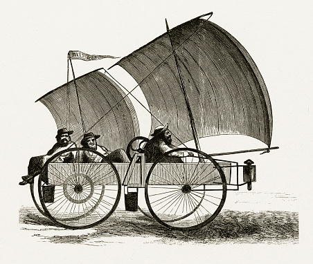 Beautifully Illustrated Antique Engraved Victorian Illustration of three men driving a Wind Powered Car Sailing to Pikes Peak, 1860. Source: Original edition from my own archives. Copyright has expired on this artwork. Digitally restored.