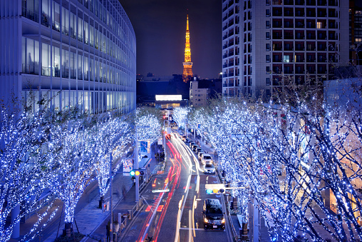 Tokyo Tower and Christmas street light up from Roppongi.