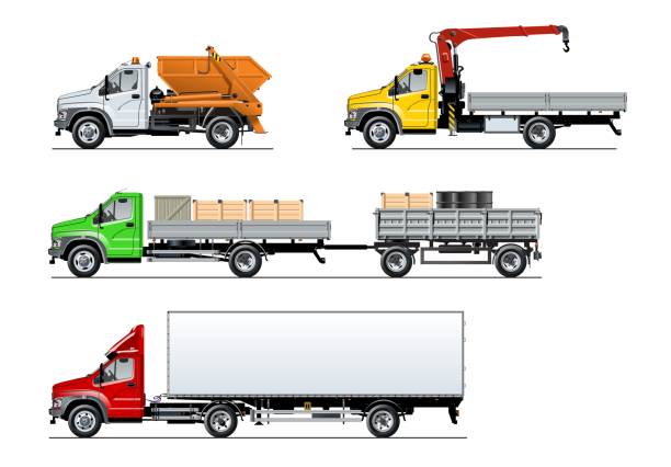 wektorowe ciężarówki ze specyfikacją wyizolowane na białym - truck semi truck pick up truck car transporter stock illustrations