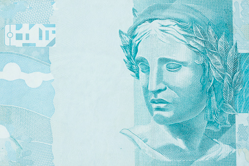 Efigie de la República representada como un busto de dinero brasileño. Super primer plano macro en factura de 100. Concepto de economía, la inflación y los negocios. photo