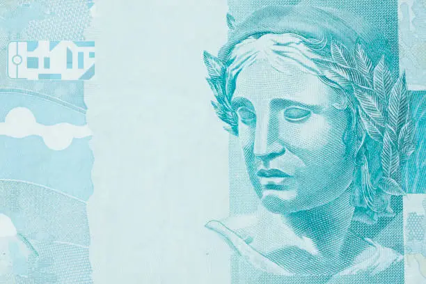 Photo of Republic's Effigy portrayed as a bust on Brazilian money. Super macro closeup on one hundred bill. Concept of economy, inflation and business.