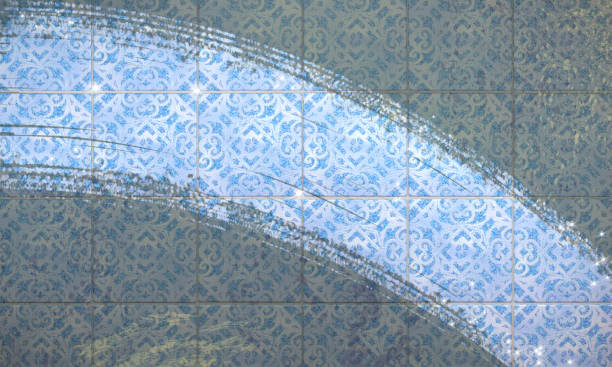 pulire lo sfondo del bagno a parete di piastrelle.3d illustrazione - tiled floor dirty blue wall foto e immagini stock