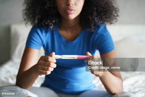 Sad Young Woman With Pregnancy Test At Home Stock Photo - Download Image Now - Pregnancy Test, Pregnant, Teenager