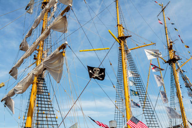 Skull and crossbones pirate flag blowing in the wind against a blue sky.