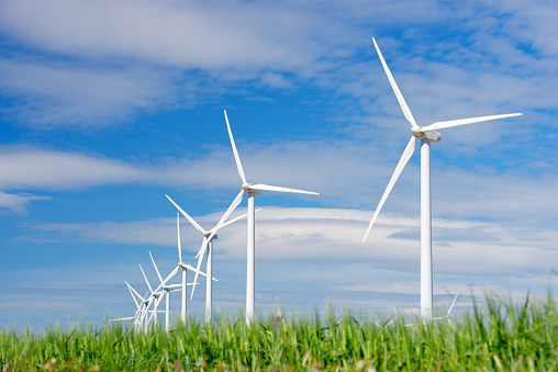 Windmills for electric power production, Zaragoza province, Aragon, Spain.