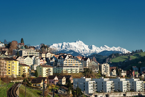 Herisau is the capital town of Canton Appenzellerland in Switzerland. Mountain Säntis is the highest point in the massiv of Alpstein.