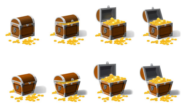 ilustrações de stock, clip art, desenhos animados e ícones de set old pirate chests full of treasures, gold coins, vector, cartoon style, illustration, isolated. for games, advertising applications - trunk luggage old fashioned retro revival