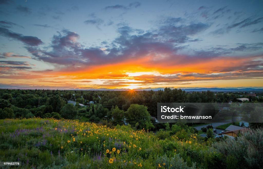 Bozeman Sunset Sunset over Bozeman as seen from the top of Peets Hill in Spring. Montana - Western USA Stock Photo