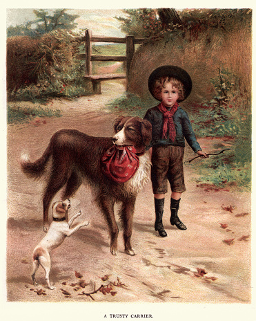 Vintage engraving of a Victorian boy and his faithful pet dogs carrying his napsack in its mouth, 19th Century