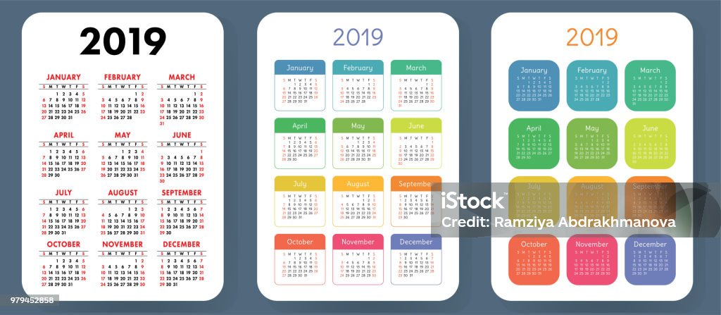 Pocket calendar grid 2019 sunday simple color Calendar 2019. Colorful set. Week starts on Sunday. Basic grid Calendar stock vector