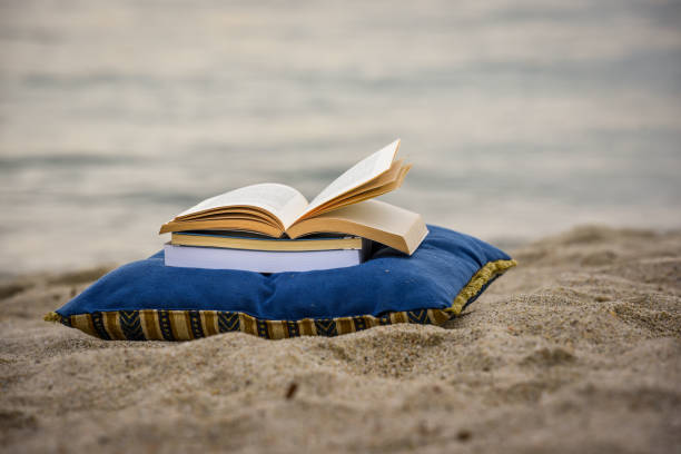 istock Open book at beach during summer by the sea. Reading summer book 979453418