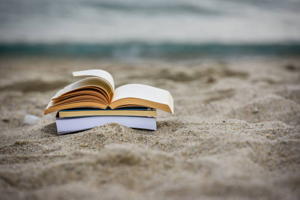 istock Open book at beach during summer by the sea. Reading summer book 979453802