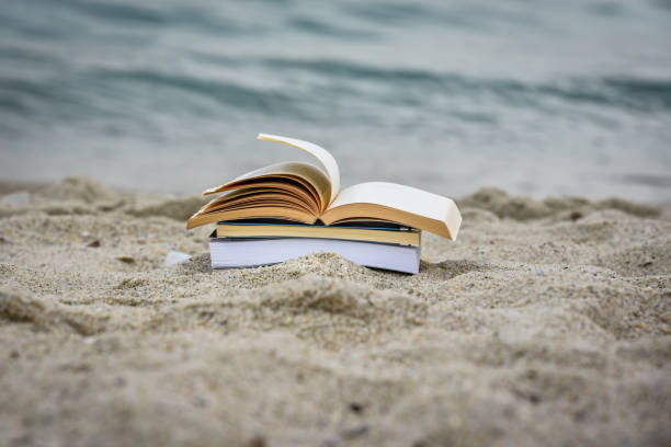 istock Open book at beach during summer by the sea. Reading summer book 979454110