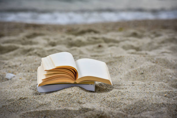 istock Open book at beach during summer by the sea. Reading summer book 979454232