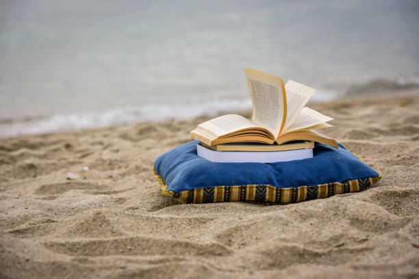 istock Open book at beach during summer by the sea. Reading summer book 979457348