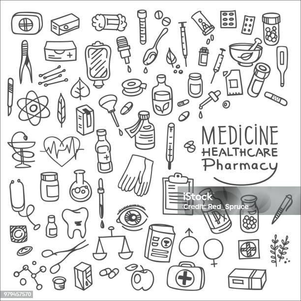 Health Care And Medicine Doodle Icon Set Stock Illustration - Download Image Now - Doodle, Pipette, Contraceptive