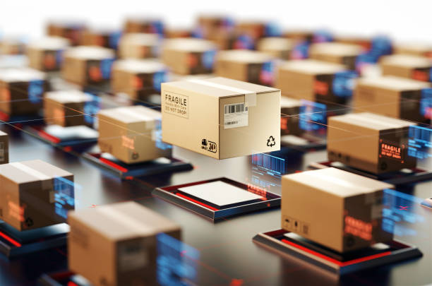 packages are transported in high-tech settings,online shopping,concept of automatic logistics management. - post processing imagens e fotografias de stock