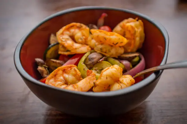 Caribbean grilled jumbo jerk shrimp with vegetables