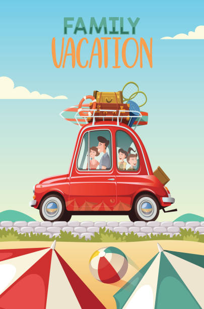 ilustraciones, imágenes clip art, dibujos animados e iconos de stock de la familia se va de vacaciones en un coche clásico rojo - family in car