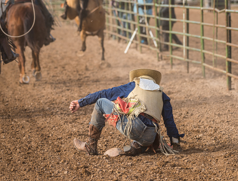 Rodeo cowboy after falling off horse