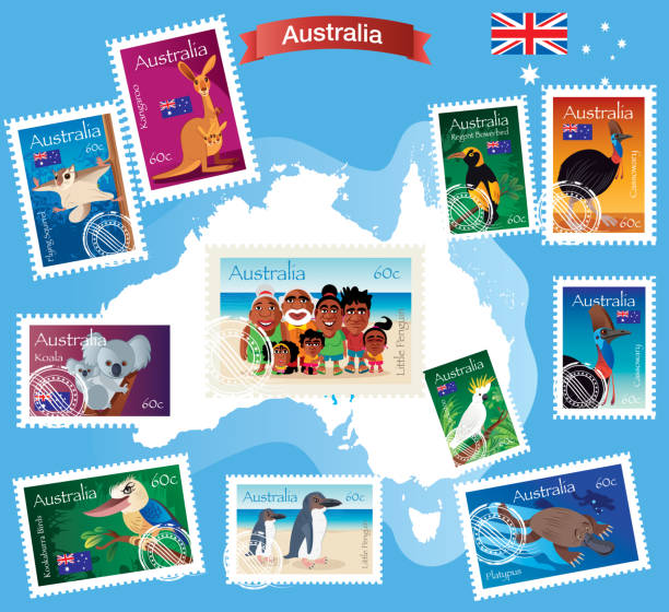 illustrazioni stock, clip art, cartoni animati e icone di tendenza di francobollo australia - koala australia sydney australia animal