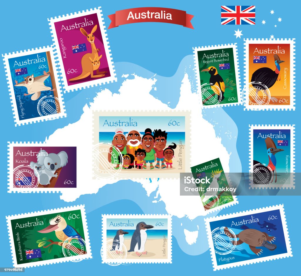 Australia Stamp Vector Australia
I have used 
http://legacy.lib.utexas.edu/maps/world_maps/world_physical_2015.pdf
address as the reference to draw the basic map outlines with Illustrator CS5 software, other themes were created by 
myself. Postage Stamp stock vector